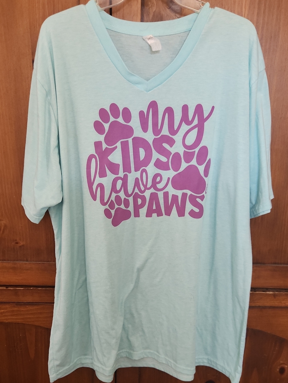Light Aqua V-Neck Tee with Purple Paw Print Graphic